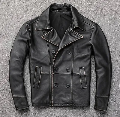 Buy Mens Vintage Double Breasted Germent Military Distressed Real Leather Jacket • 89.99£