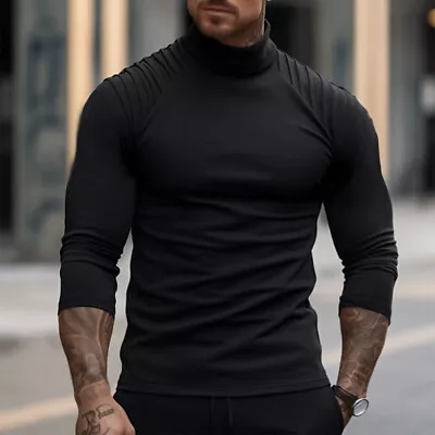Buy High Neck Long Sleeve T Shirt Solid Mens Sport Casual Slim Basic Tops Size 36-44 • 8.39£