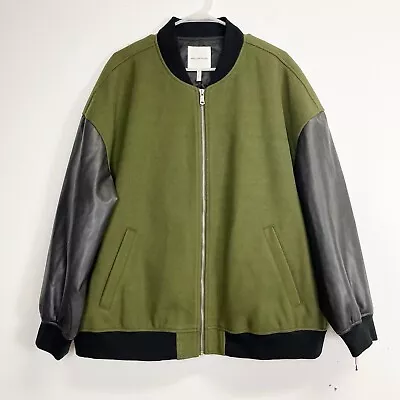 Buy Avec Les Filles Mixed Media Bomber Varsity Jacket Womens XXL Green Faux Leather • 113.19£