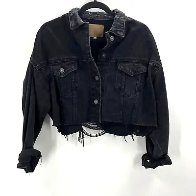 Buy Boutique Light Black Half Cutoff Denim Jacket Distressed Moto Button Women Large • 19.24£