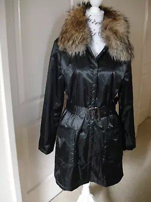 Buy Satiny / Silky Lightweight Black Belted Coat / Jacket - Real Fur Collar - L@@k • 74.99£