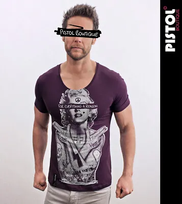 Buy Pistol Boutique Men's Fitted Wine MONROE SKULL TATTOO Scoop Neck T-shirt - SALE • 13.50£