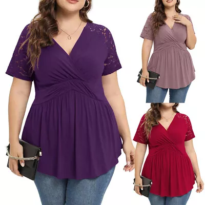Buy Women Pleated Tunic Tops Short Sleeve Wrap T-Shirt Blouse Pullover Plus Size • 3.95£
