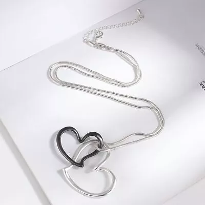 Buy Simple Interlocking Double Love Heart Long Chains Necklace Statement Jewelry • 13.67£