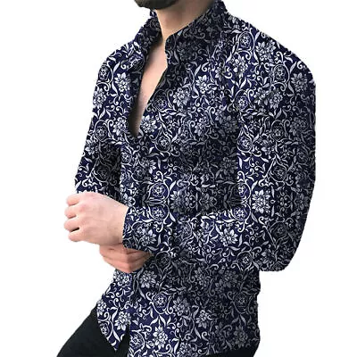 Buy Mens Casual Floral Dress Shirt Long Sleeve Hawaiian Button Down Slim Fit Shirts☆ • 17.45£