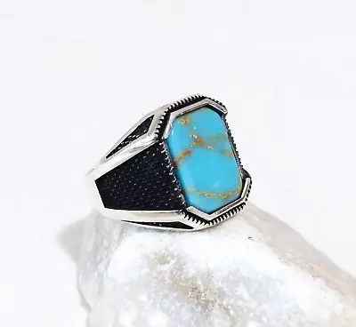 Buy 925 Sterling Silver Handmade Men's Ring With Square Shaped Blue Turquoise Stone • 53.01£