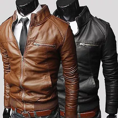 Buy Mens Smart Casual Biker Leather Jacket Slim Fashionable Motorbike Slim Fit Coat • 25.97£