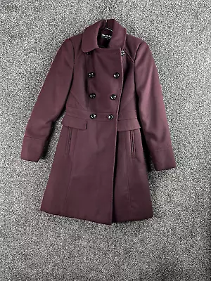 Buy Miss Selfridge Women Pea Coat 8 Burgundy Wool Blend Mid Length Regular Button • 19.99£