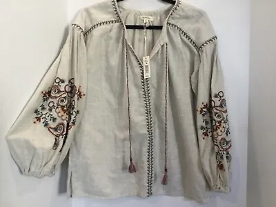 Buy NWT Max Studio M Top Peasant Blouse Embroidery Tassels Brushed Oatmeal Tan • 32.21£