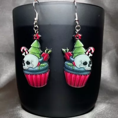 Buy Handmade Silver Christmas Skull Cake Earrings Gothic Gift Jewellery Xmas • 3£