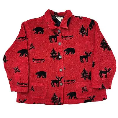 Buy Vintage Fleece Jacket Cardigan All Over Print Moose Bear Red Black Womens 2XL • 24.99£
