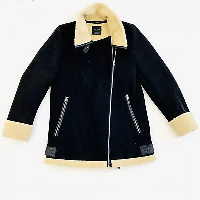 Buy Zara Aviator Jacket Size Medium Fits UK 12 Sherpa Faux Black Suede Warm  • 24.99£