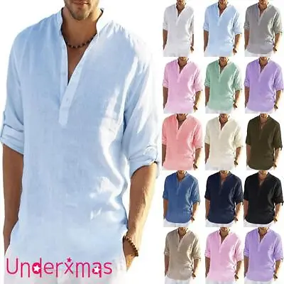 Buy Mens Solid Linen Shirts Cotton Casual Loose Summer Beach T Shirt Blouse Top Size • 11.09£