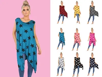 Buy Women Star Hanky Hem Sleeveles Flared Jersey Long Tunic Flared Swing Vest Top • 14.99£