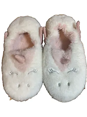 Buy New Look Fluffy Pink & White Unicorn Slippers Size Small Elasticated Back BNWOT • 7£