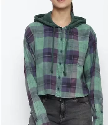 Buy American Eagle Hoodie Womens Medium  Green Cropped Flannel Shirt Long Sleeve • 17.84£