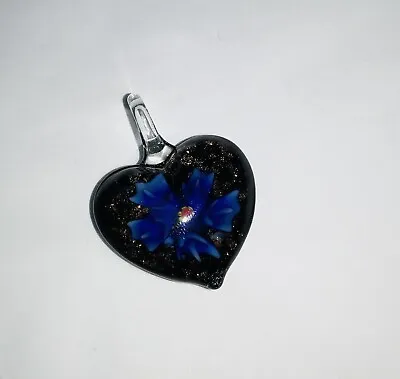 Buy Black & Blue Flower GLASS HEART Charm PENDANT Jewellery Making Necklace Gift L • 0.99£