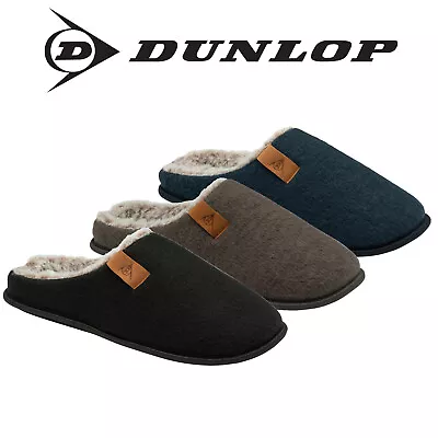 Buy Dunlop Mens Slippers Slip On Felt Mules Faux Fur Lined Memory Foam Sizes 7-12 • 16.99£