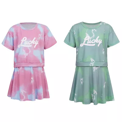 Buy Kids Girl 2Piece Tie Dye Print Sport Skirt Suit Short Sleeve T-shirt And A-line  • 15.63£