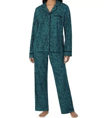 Buy DKNY Ladies Notch Collar Pyjama Set 2 Piece Pyamas Set Green Animal Print Size L • 27.99£