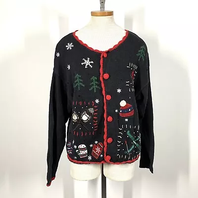 Buy Vintage 90s Basic Editions Holiday Christmas Xmas Black Knit Cardigan Sweater  M • 23.62£