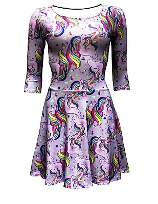 Buy Women's Cute Rainbow Multi Unicorn Stars Rockabilly 3/4 Sleeve Skater Dress • 27.99£