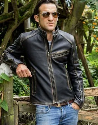 Buy Men Leather Jacket Motorcycle Black Biker Distressed Genuine Leather Jacket Coat • 24£