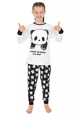 Buy Girls I Want To Sleep All Day Panda Long Pyjamas Black And White Pj 7-16 Years • 11.99£