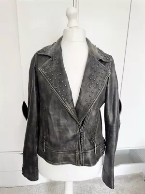 Buy Women Biker Jacket Distressed Grey Leather Size 14/16UK • 69£