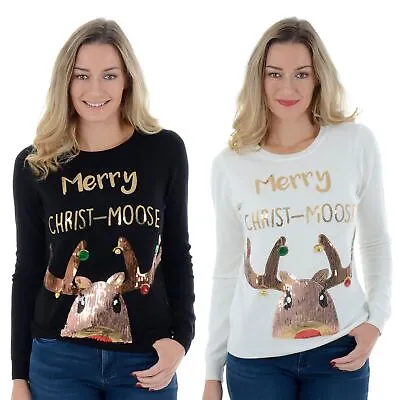 Buy Ladies Womens Novelty Sequins Merry Christ-Moose Xmas Christmas Jumper Sweater • 15.99£