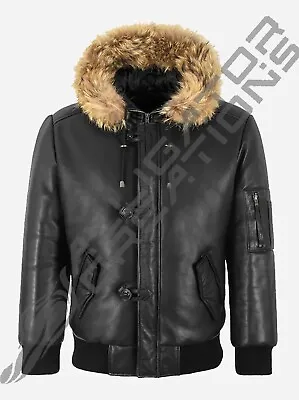 Buy Mens Classic Winter Leather Jacket Hooded Fur Aviator Bomber Style Biker Jacket • 109.99£