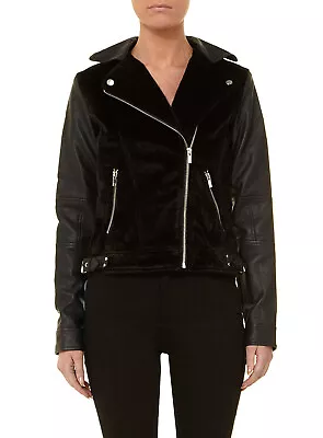 Buy Biker Rocker Jacket Faux Black Cow Hide Fur Leather Coat Silver Zip DP 14 • 14£