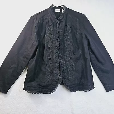 Buy Chico's Jean Black Jacket Size 2 Stretch Denim Flower Bling Lace 1 Hook Close • 11.57£