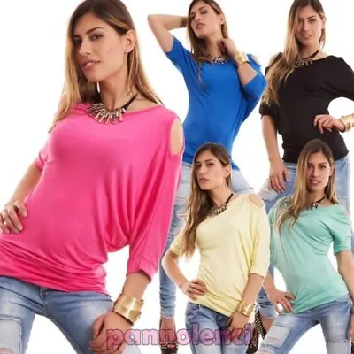 Buy Women's Sweater T-Shirt Asymmetric Short Sleeves Openings Back New CC-1349 • 10.09£
