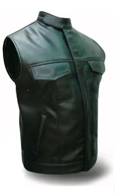 Buy Mens Biker Style SOA Vest Real Cow Leather Black Motorcycle Vest Waistcoat • 74.99£