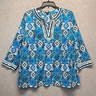 Buy Talbots Boho Mandala Peasant Blouse Womens Plus 2X Light Cotton 3/4 Sleeve Blue • 34.01£