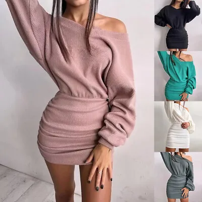 Buy Womens Sexy Ribbed Off Shoulder Dress Bodycon Winter Party Mini Jumper Dresses • 17.09£