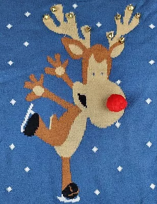 Buy Merry Christmas Jumper Size XL Skating Reindeer Festive Snow Pullover Mens Blue • 11.99£