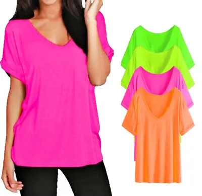 Buy Ladies Turn Up Sleeve V Neck T Shirts Womens Baggy Loose Fit Oversized Party Top • 10.99£