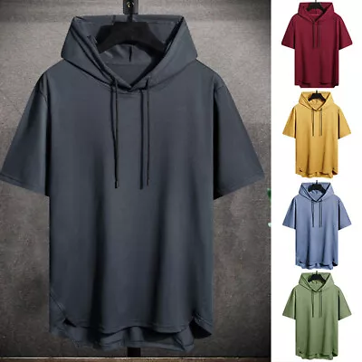 Buy Men's Hooded T Shirts Short Sleeves Tee Casual Hoodie Sports Tops Blouses Loose • 16.34£