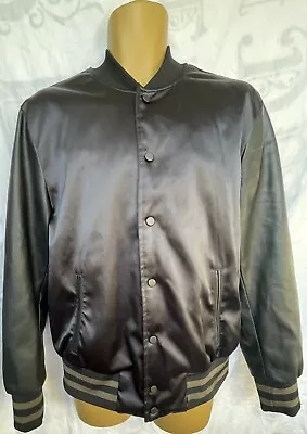 Buy H&M Black Satin Varsity Baseball Aviation Bomber Jacket Mens UK M Zip Button Up • 9.99£