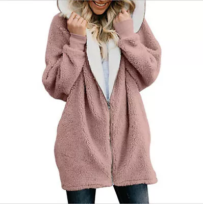 Buy Womens Teddy Bear Fleece Hoodie Ladies Casual Baggy Zip Up Hooded Jacket Coat UK • 14.56£