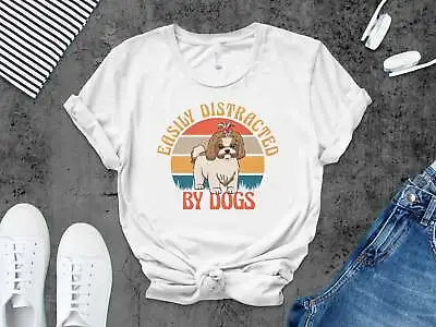 Buy Cute Shih Tzu Dog T-Shirt, Easily Distracted By Dogs Retro Style Tee • 40.81£