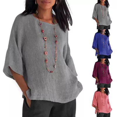 Buy Summer Womens Cotton Linen Tunic Blouse Tops 3/4 Sleeve Baggy T-Shirt Plus Size • 13.01£