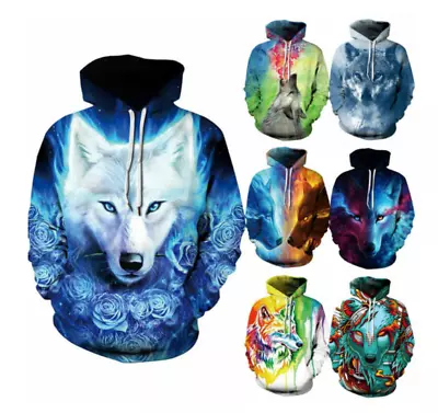 Buy 3D Wolf Print Couples Hoodie Mens Womens Casual Sweatshirt Hooded Jumper Tops UK • 25.58£