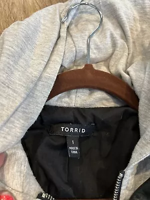 Buy Torrid Black Gray Mixed Media Faux Leather Hooded Moto Jacket, 1X 14/16 • 52.26£