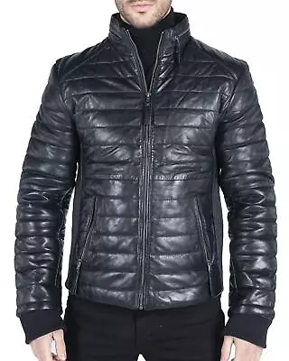 Buy Mens Real Leather Genuine Quilted Puffer Zipped Jacket Brown Black Casual • 126.49£