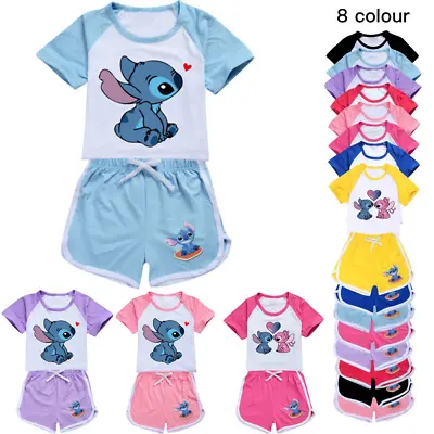 Buy Girls Lilo And Stitch Print Casual T-shirt Tracksuit Set Tshirt Top Shorts Suits • 5.22£