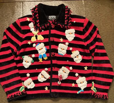 Buy Berek Christmas Santa Faces Sweater Cardigan Sz L Stripes Red Black Holiday Ugly • 51.62£