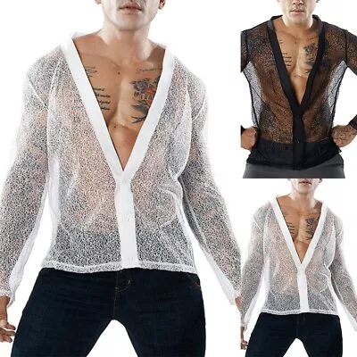 Buy Transparent Shirts Fashion Long-sleeved Men Mesh See Through Sexy Sheer • 20£